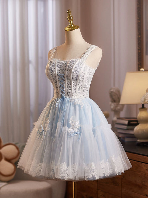 Light Blue Straps Lace and Tulle Knee Length Party Dress, Light Blue Homecoming Dress